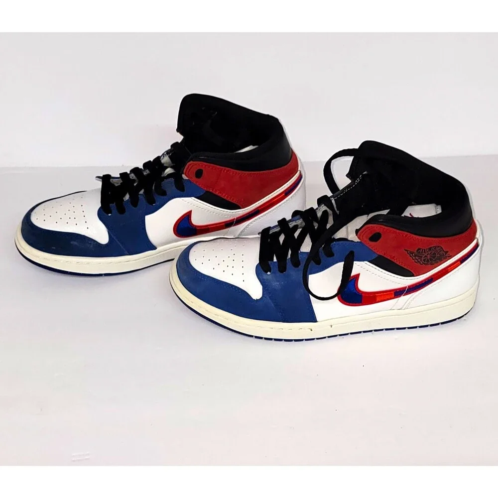 Nike Air Jordan 1 Mid SE Multicolored Swoosh Red Blue White Men's size 9